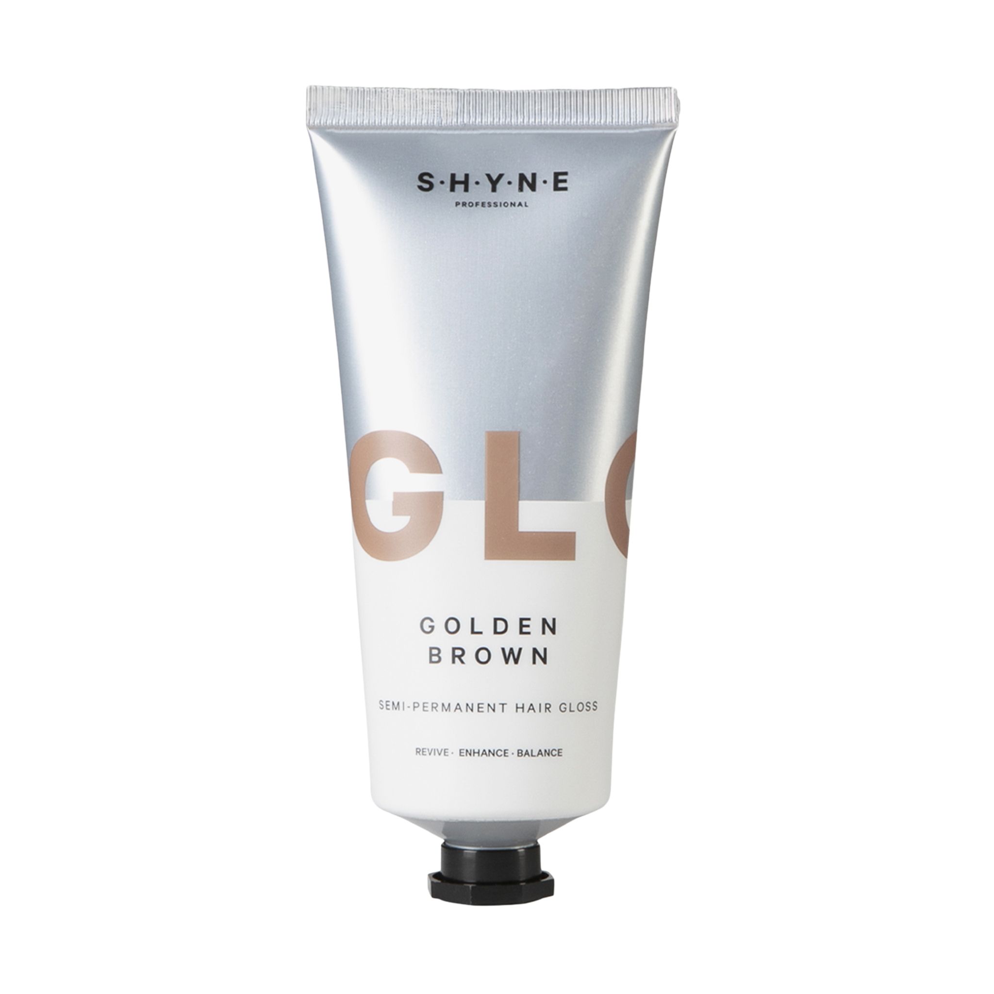 Tubo argentato con tappo nero. Scritta: SHYNE, GLOSS, GOLDEN BROWN, Semi-Permanent Hair Gloss.