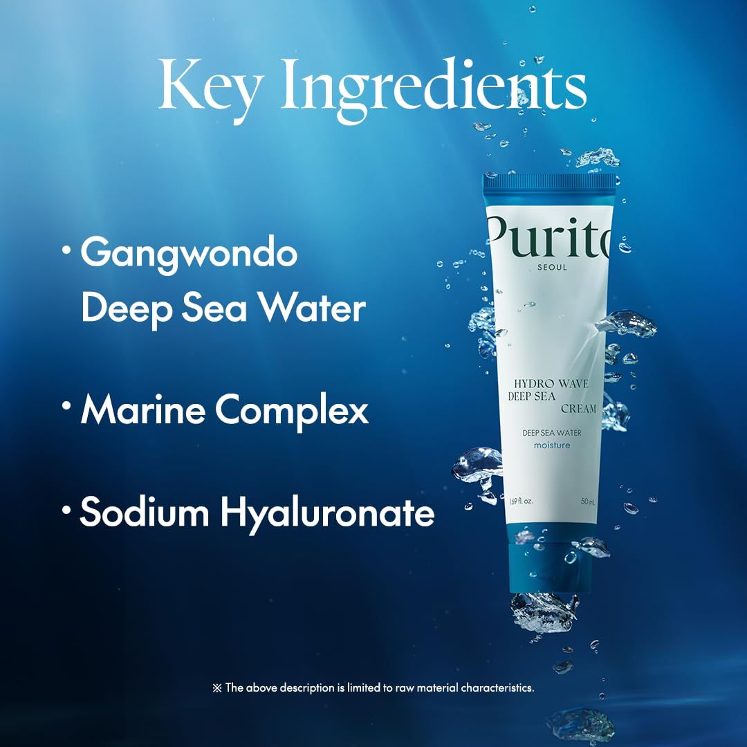 Grafica con ingredienti. Scritta: Gangwondo Deep Sea Water, Marine Complex, Sodium Hyaluronate. Tubetto sullo sfondo.