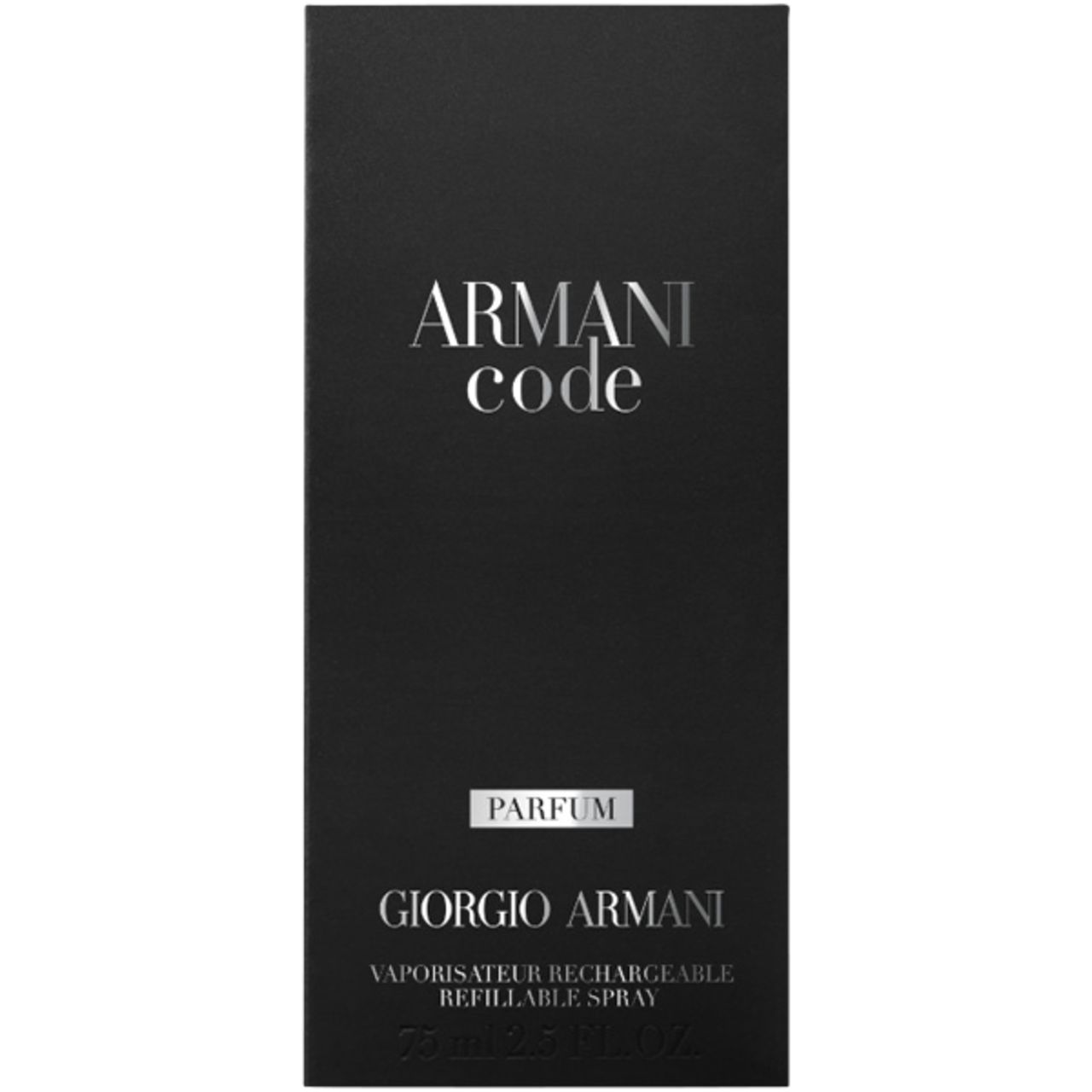 Confezione nera con testo bianco: Armani Code, Parfum, Giorgio Armani. Vaporizzatore ricaricabile.