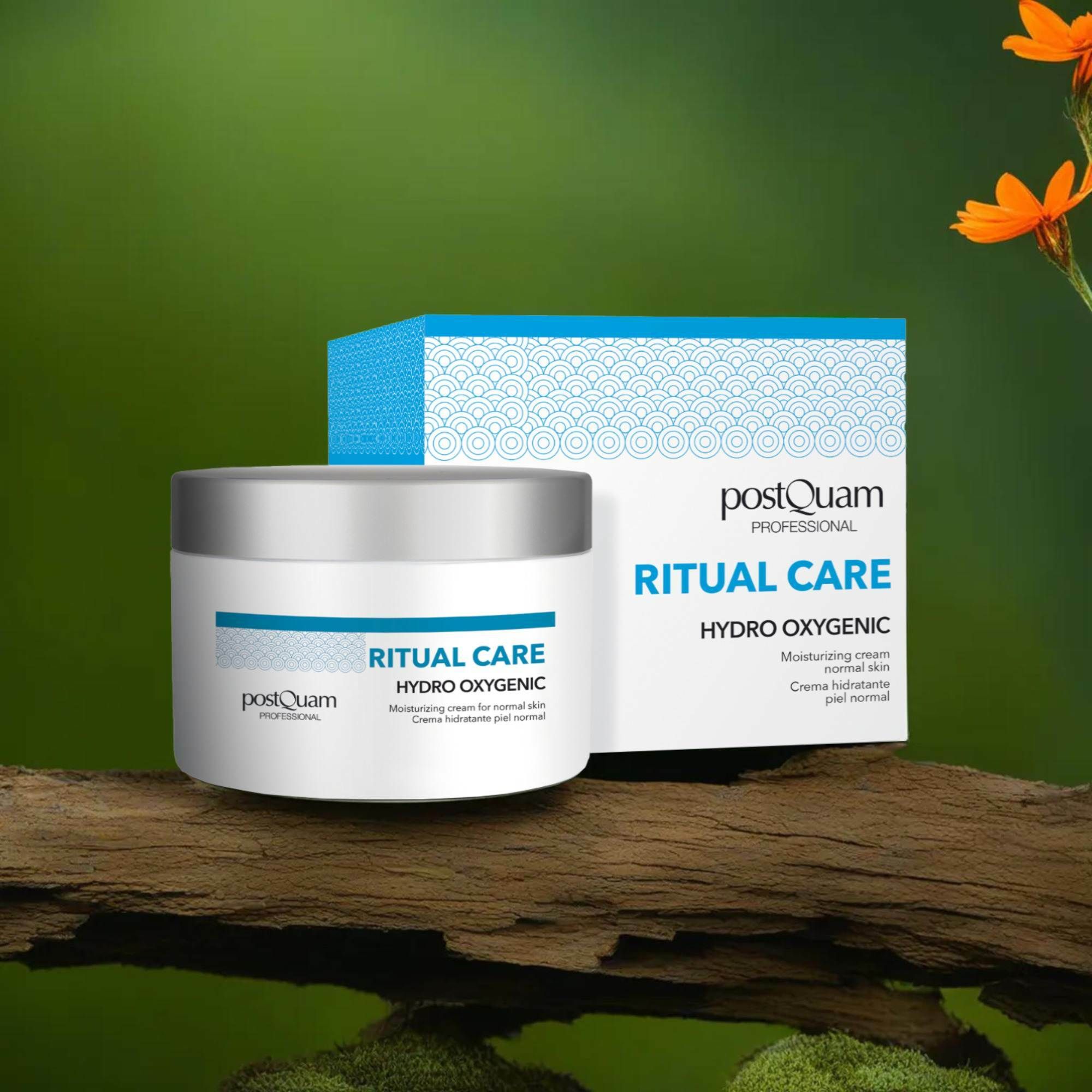 Vaso di crema e scatola. Scritta: Postquam, Ritual Care, Hydro Oxygenic. Per pelli normali. Su un ramo.