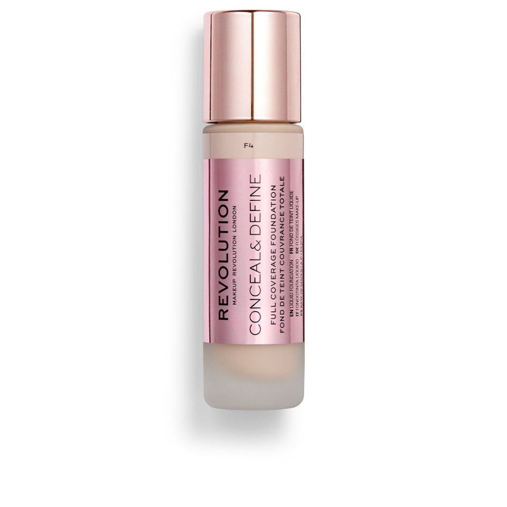 Flacone di trucco con etichetta rosa. Tappo color oro rosa. Nome prodotto: CONCEAL & DEFINE. Scritta: FULL COVERAGE FOUNDATION.