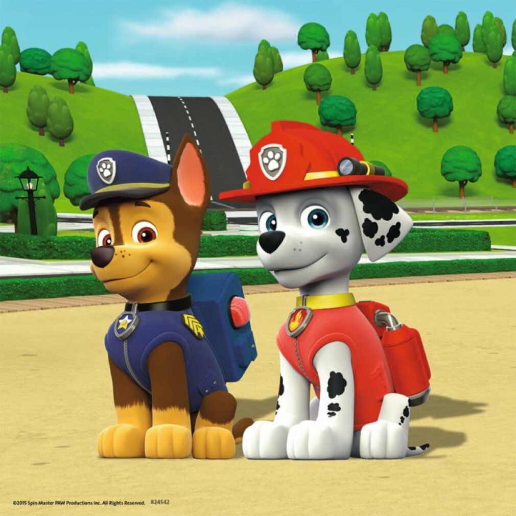 Due personaggi di Paw Patrol seduti uno accanto all'altro. Uno in blu, uno in rosso. Sfondo: strada e alberi.