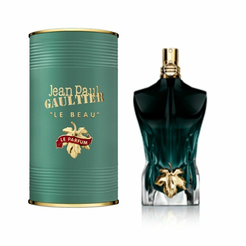 Scatola verde e flacone. Scatola con scritta dorata: Jean Paul Gaultier, Le Beau. Flacone a forma di busto, blu-verde.