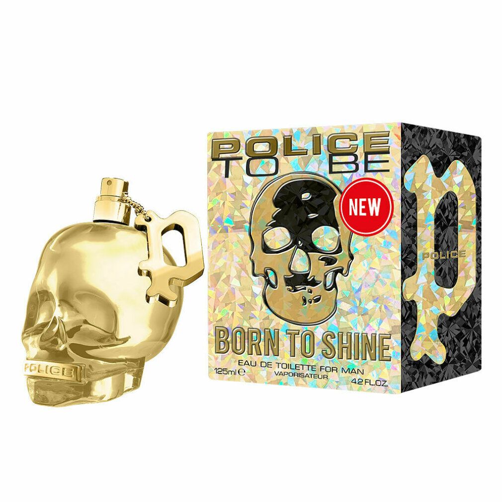 Flacone dorato a forma di teschio accanto alla confezione. Scritta: POLICE TO BE BORN TO SHINE.