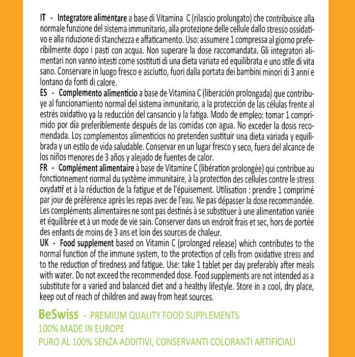 Testo su sfondo giallo. Integratore alimentare. 100% Made in Europe. Senza additivi, conservanti.