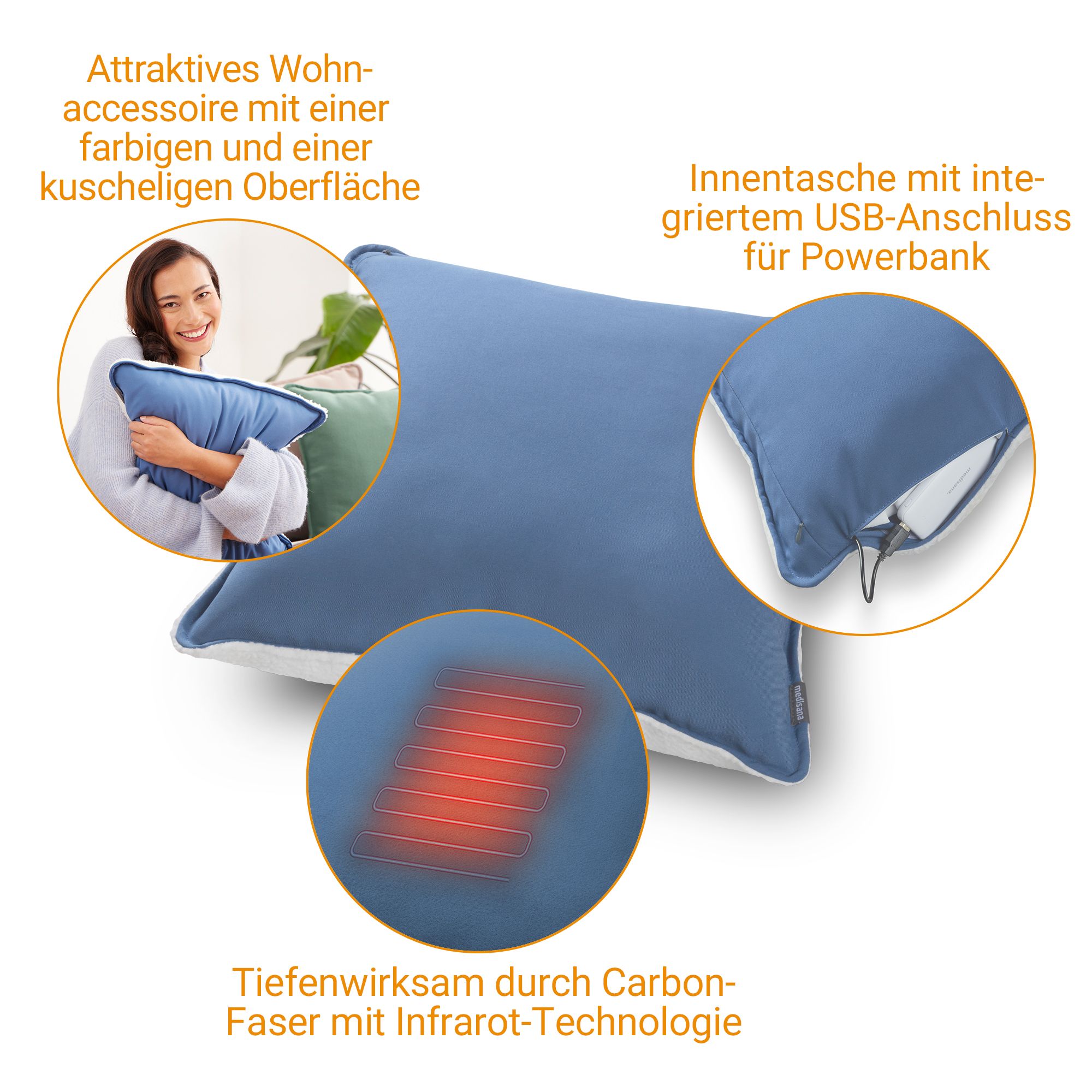 Cuscino riscaldante blu con accenti bianchi, primo piano sulla tecnologia di riscaldamento a infrarossi.