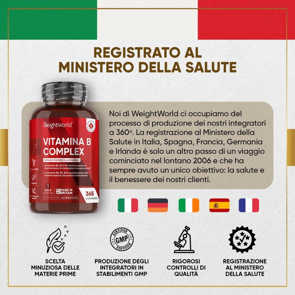 Flacone Vitamin B Komplex. Testo: REGISTRATO AL MINISTERO DELLA SALUTE. Bandiere di Italia, Germania, Francia, Spagna.