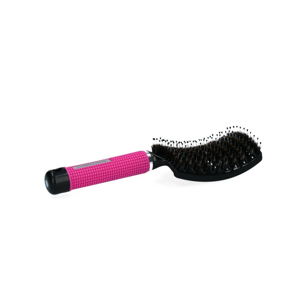 Spazzola per cavalli con manico rosa. Setole nere, forma curva. Manico con motivo rosa. Testina nera.