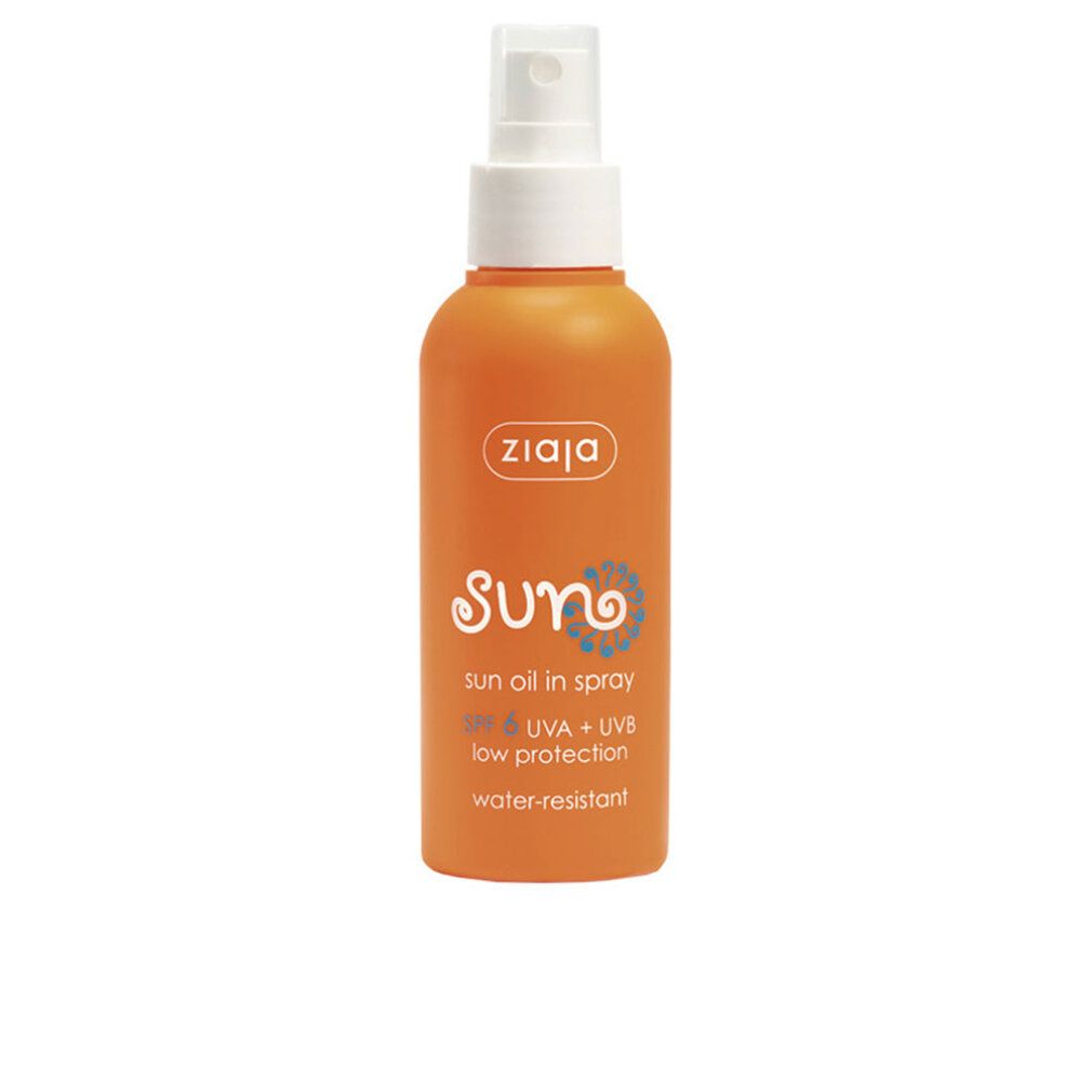 Flacone spray arancione con erogatore bianco. Scritte: Ziaja, Sun, Sun oil in spray, SPF 6, UVA + UVB, low protection, water-resistant.