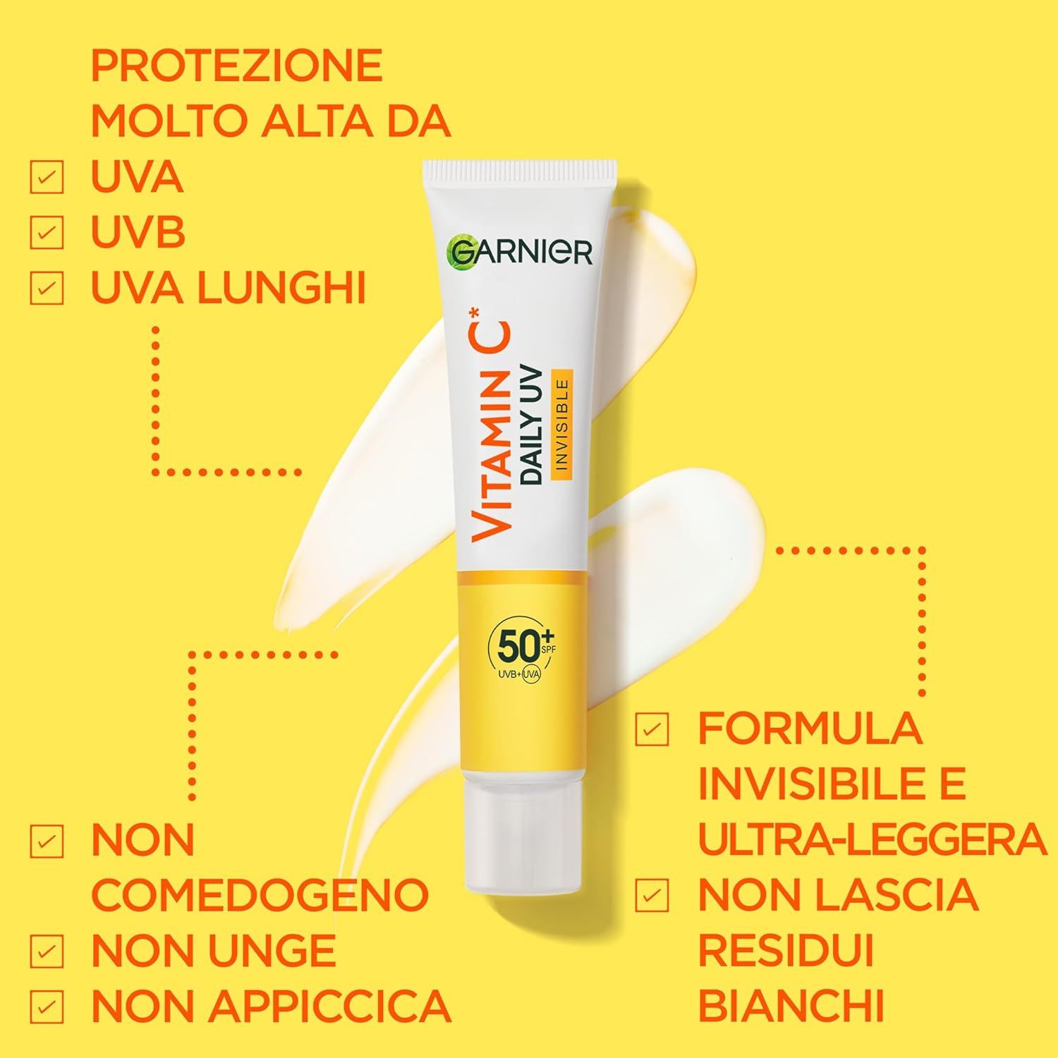 Garnier Vitamin C Daily UV Invisible, tubo. Testo: 50+ SPF, Vitamina C. Sfondo giallo.