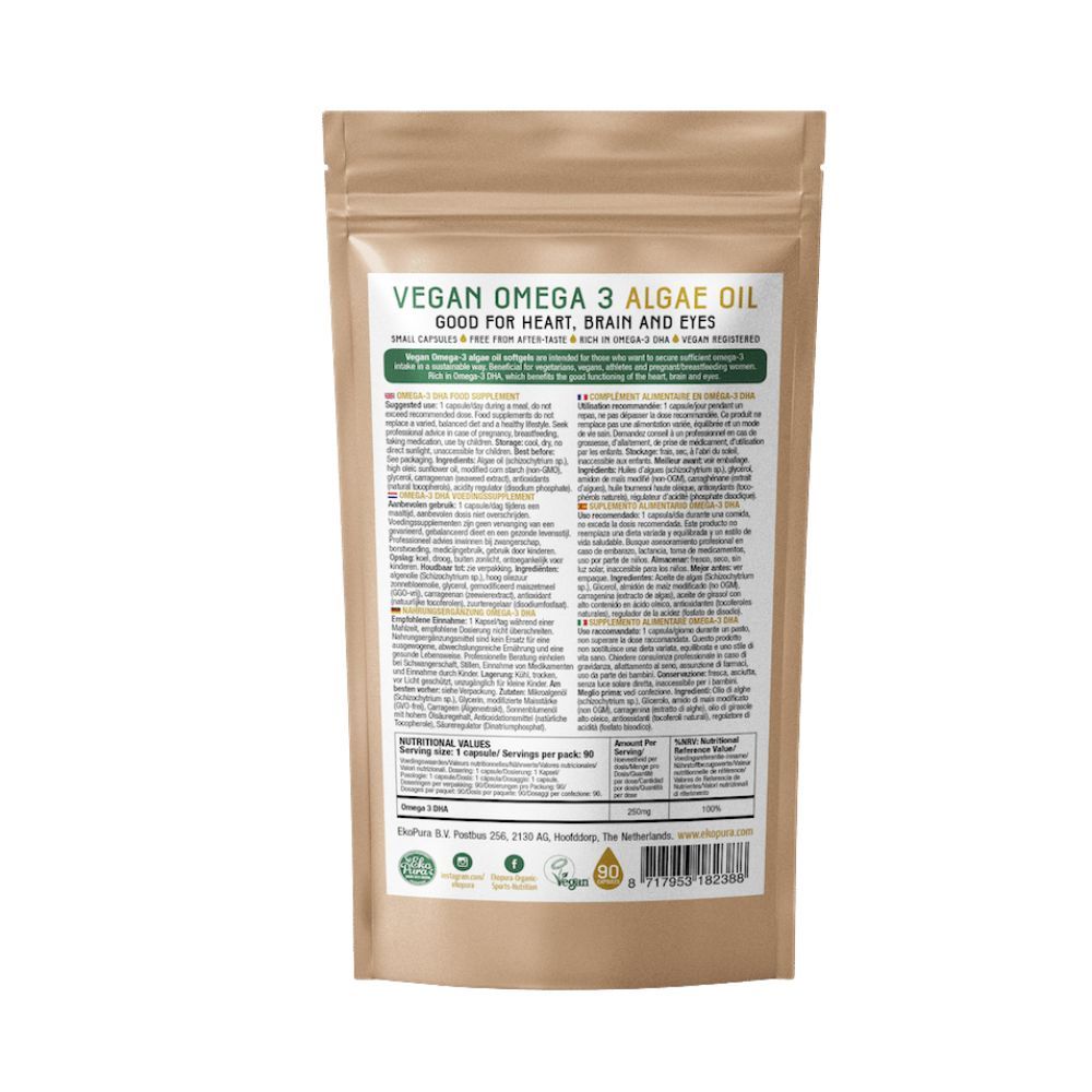 Retro di una confezione marrone. Testo in più lingue. Scritta: Vegan Omega 3 Algae Oil.