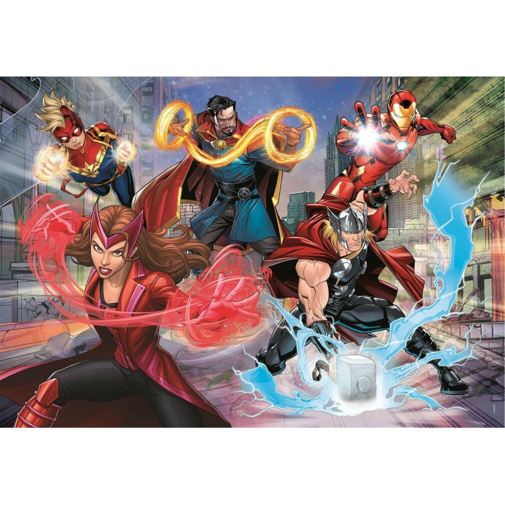Puzzle con motivo Marvel Avengers. Mostra i personaggi degli Avengers. Sfondo: paesaggio urbano. Pezzi del puzzle non visibili. Senza confezione.