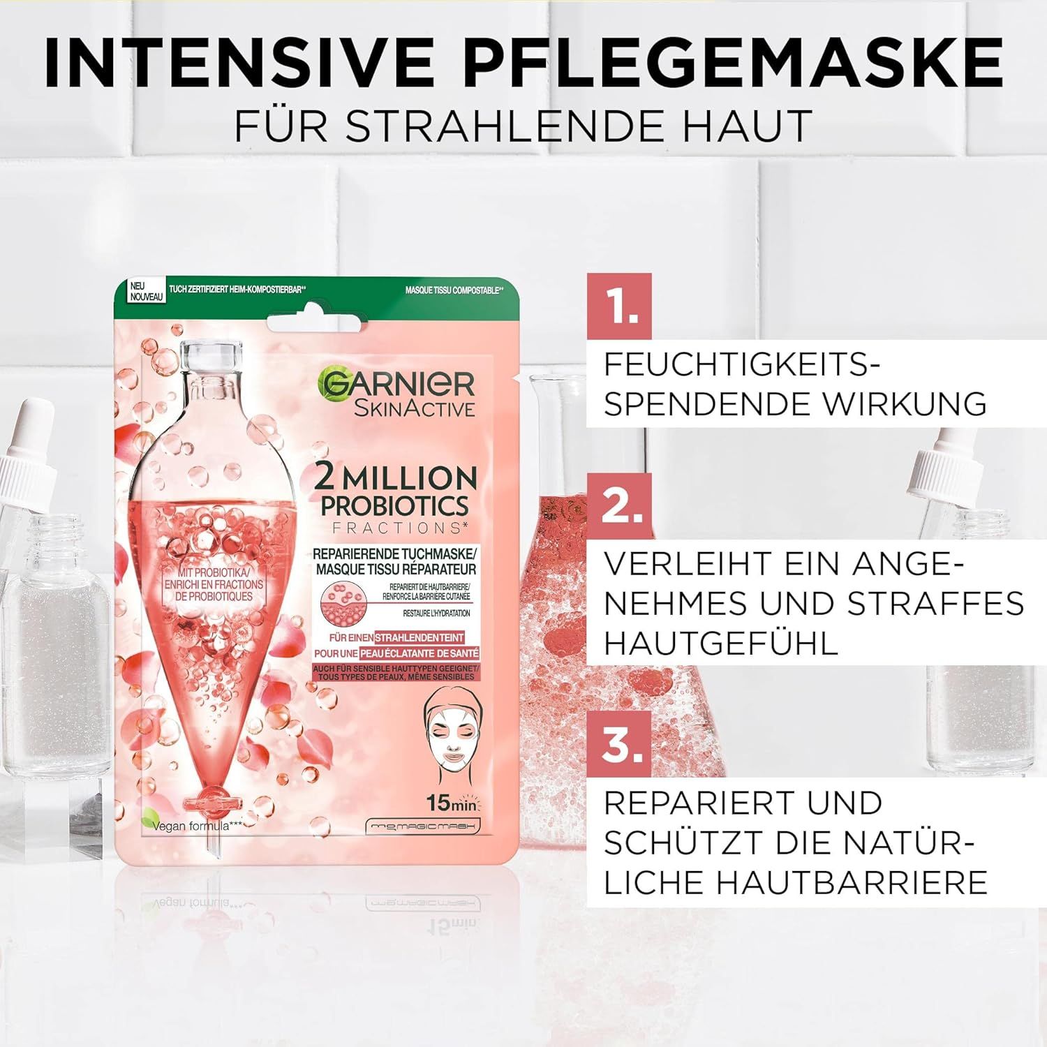 Confezione della maschera in tessuto Garnier SkinActive 2 Million Probiotics. 3 punti: idratante, sensazione di pelle soda, ripara.