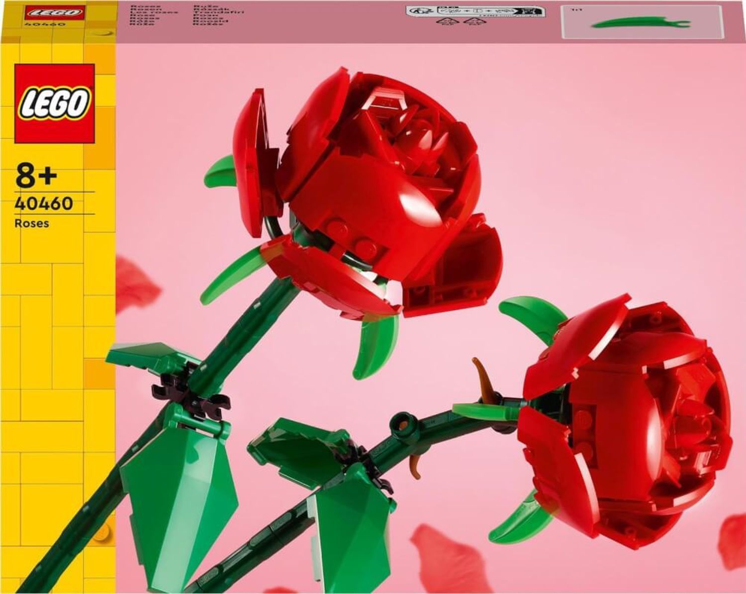 Set LEGO con rose rosse, foglie e steli verdi. Confezione con logo e numero prodotto.