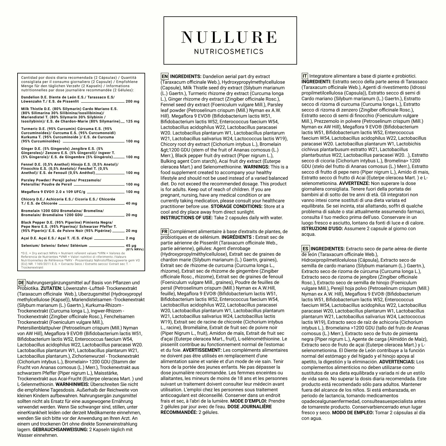 Pagina di testo con ingredienti e istruzioni per l'uso. Testo: Ingredienti, dosaggio, avvertenze. Diverse lingue.