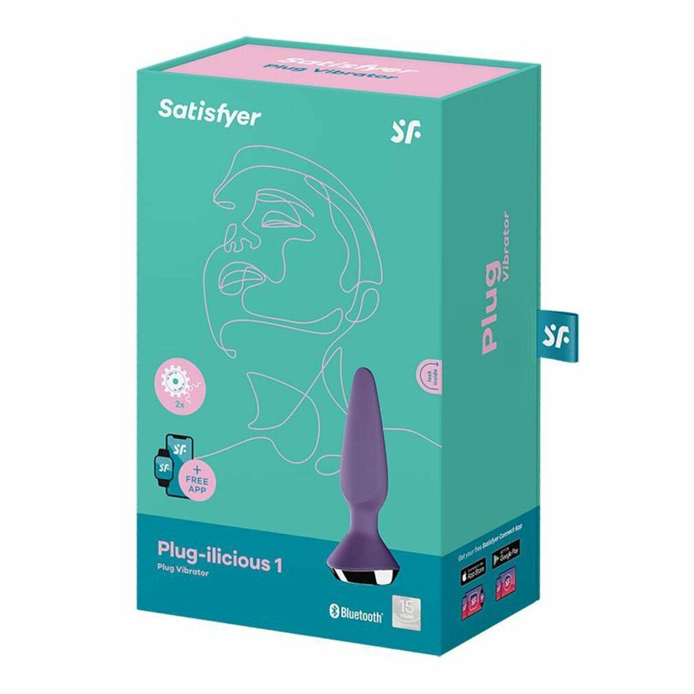 Confezione con immagine del prodotto. Plug anale viola con controllo app. Marchio: Satisfyer. Testo: Plug-ilicious 1, Plug Vibrator.