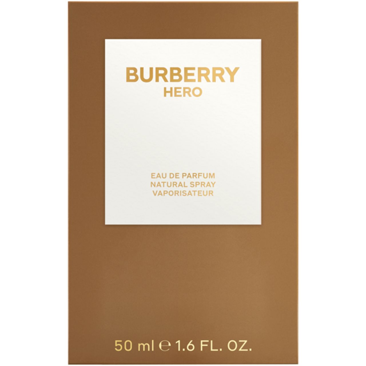 Scatola marrone con riquadro bianco. Scritta: Burberry Hero Eau de Parfum Natural Spray Vaporisateur. 50 ml.