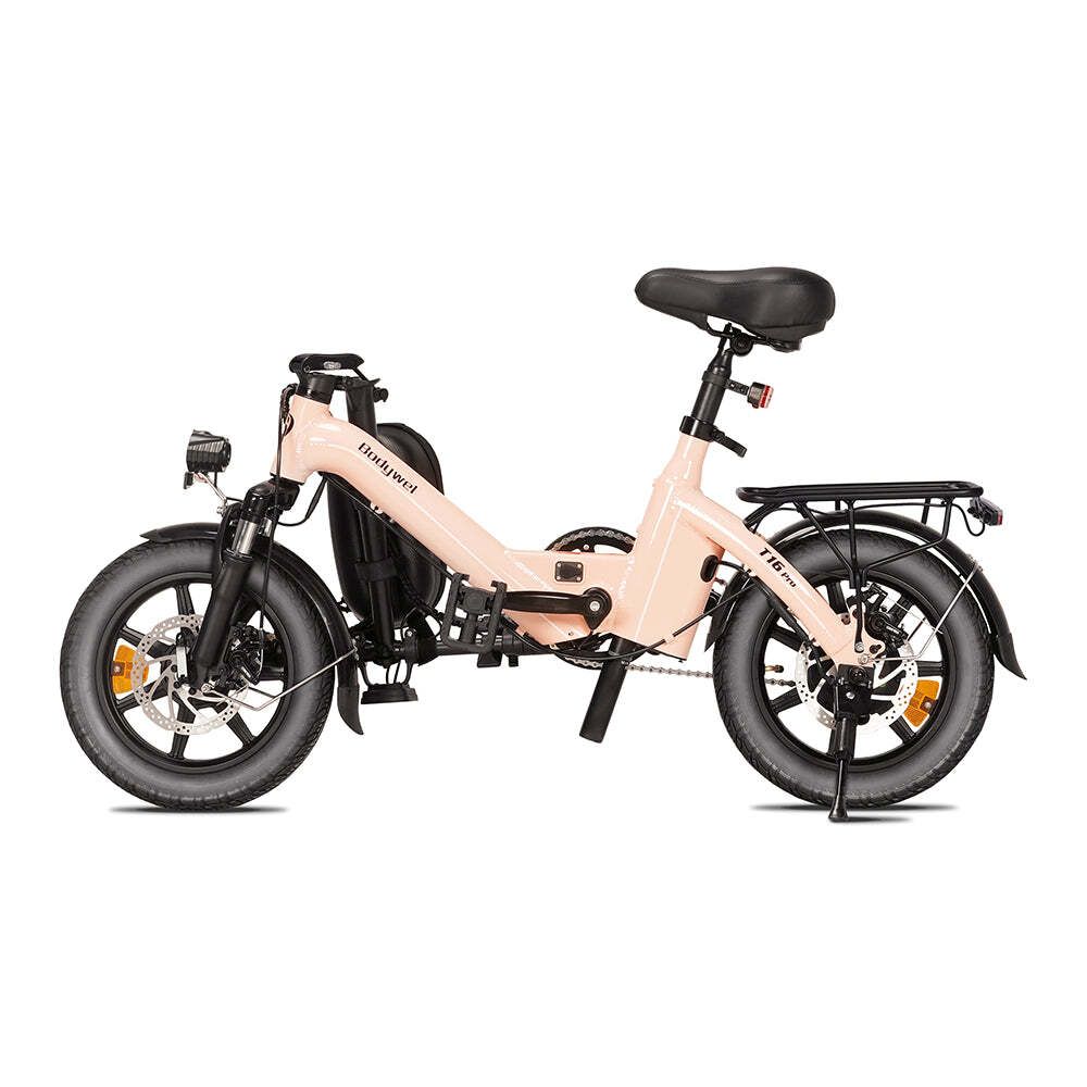 Bicicletta elettrica pieghevole rosa. Pneumatici e sella neri. Portapacchi posteriore. Scritta T16 Pro.