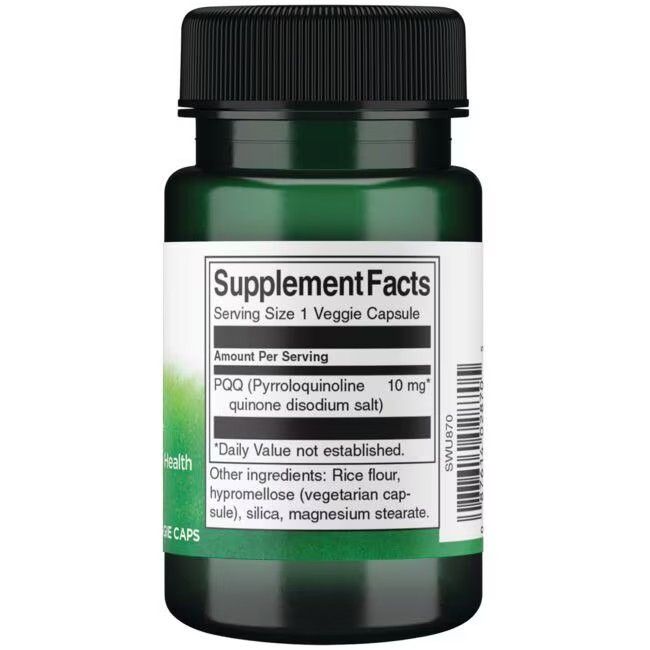 Retro del flacone verde. Etichetta con informazioni nutrizionali e ingredienti. 1 capsula per porzione.