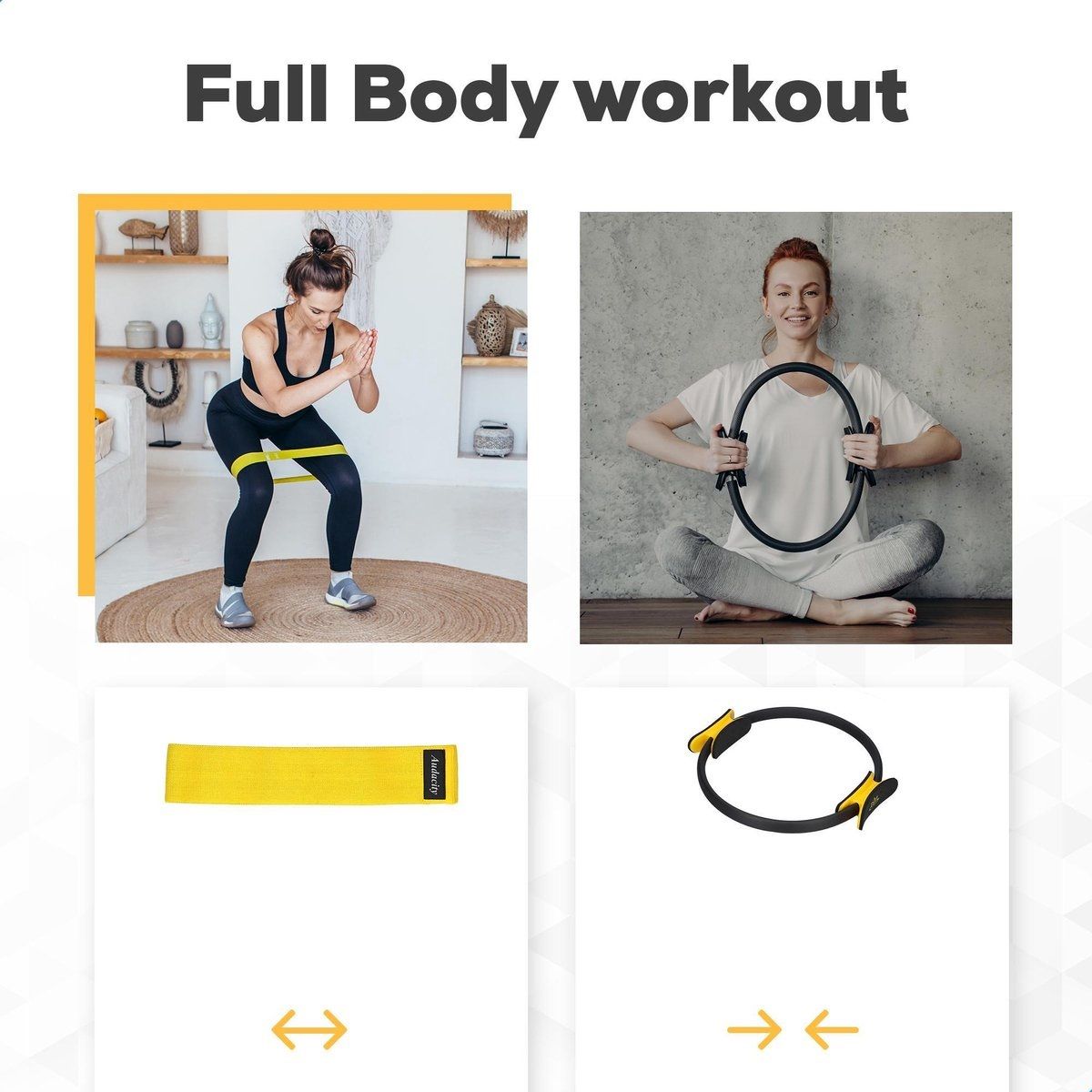 Fascia elastica gialla e anello Pilates con maniglie gialle. Donna che si allena con l'anello. Donna che si allena con la fascia.