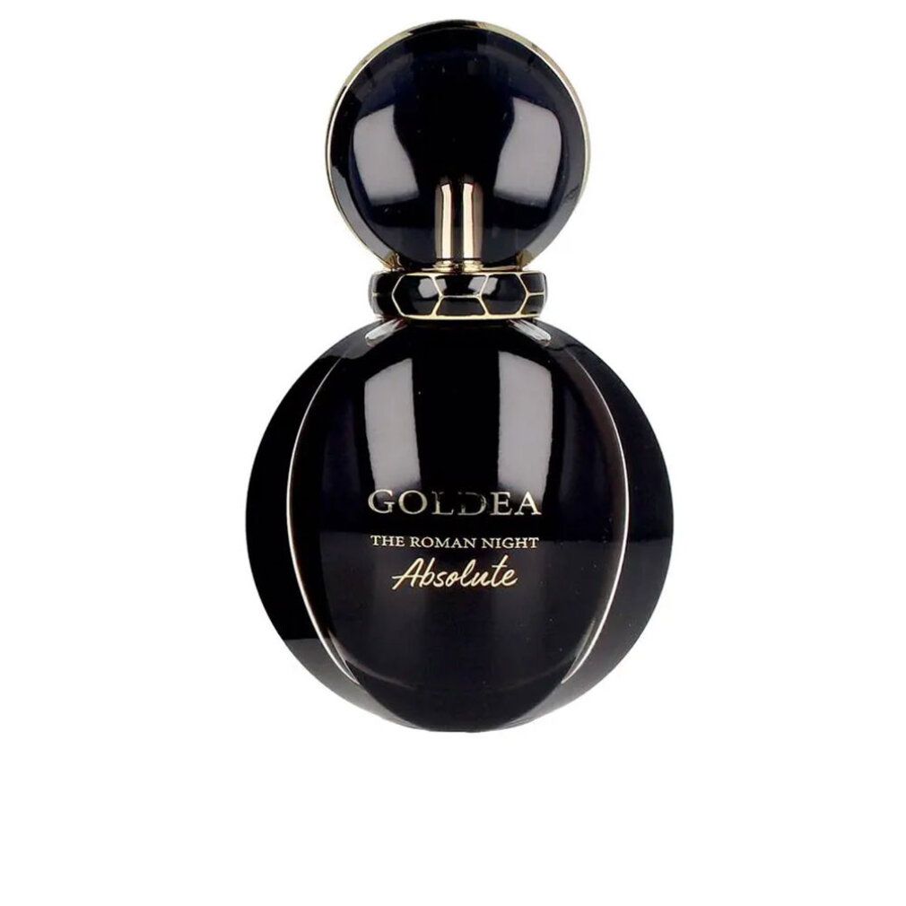 Flacone di profumo nero. Forma rotonda con tappo dorato. Nome del prodotto Goldea The Roman Night Absolute.