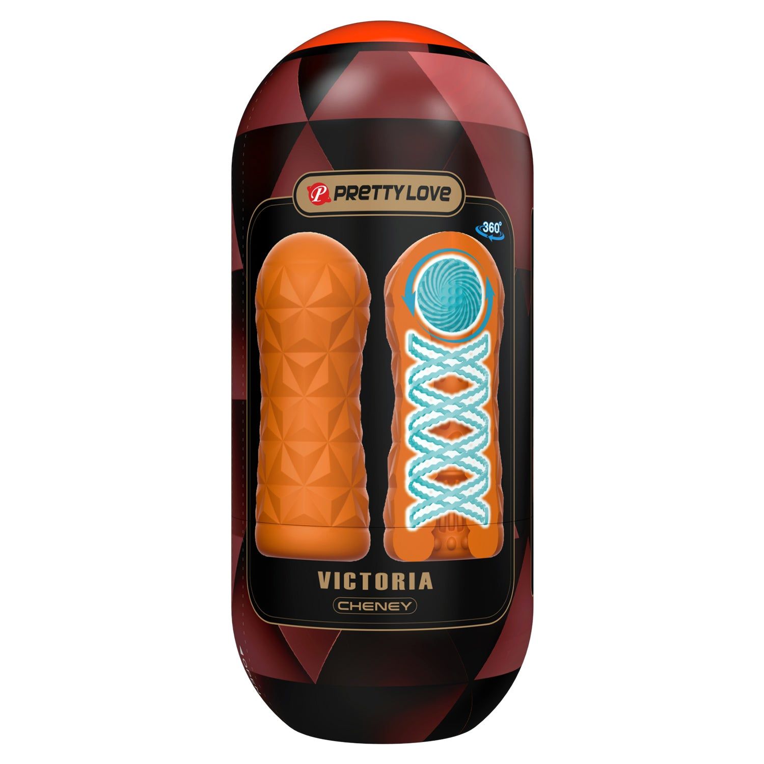 Confezione e masturbatore. Confezione con testo: "PRETTY LOVE VICTORIA CHENEY".