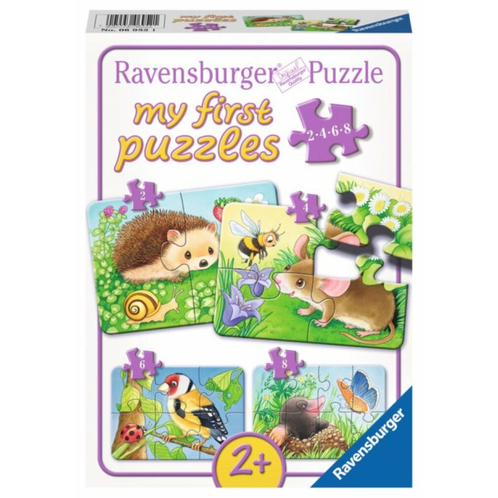 Puzzle con talpa e farfalla. 8 pezzi. La talpa esce da una collina, una farfalla vola accanto.