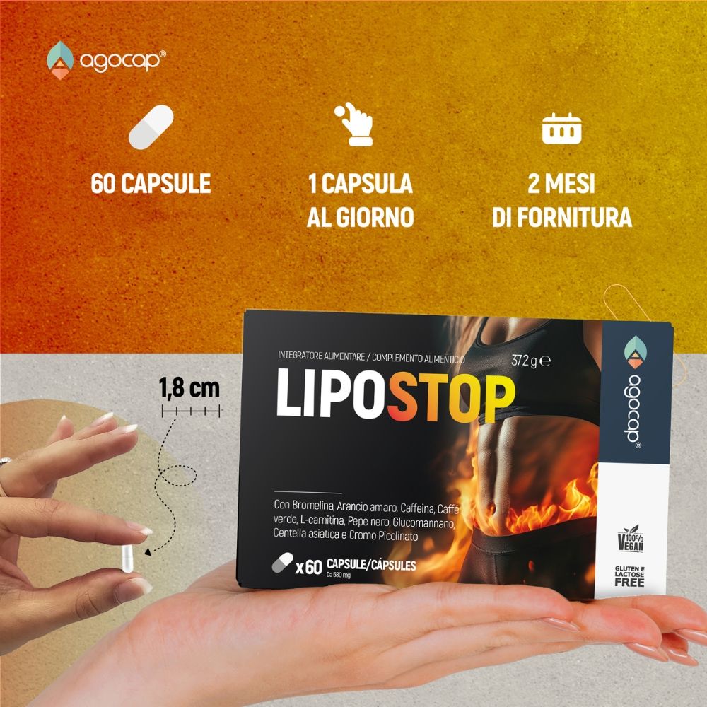 Scatola con 60 capsule. Testo: 1 capsula al giorno, 2 mesi di fornitura. Nome prodotto: Lipostop. Marchio: Agocap. Contiene bromelina.