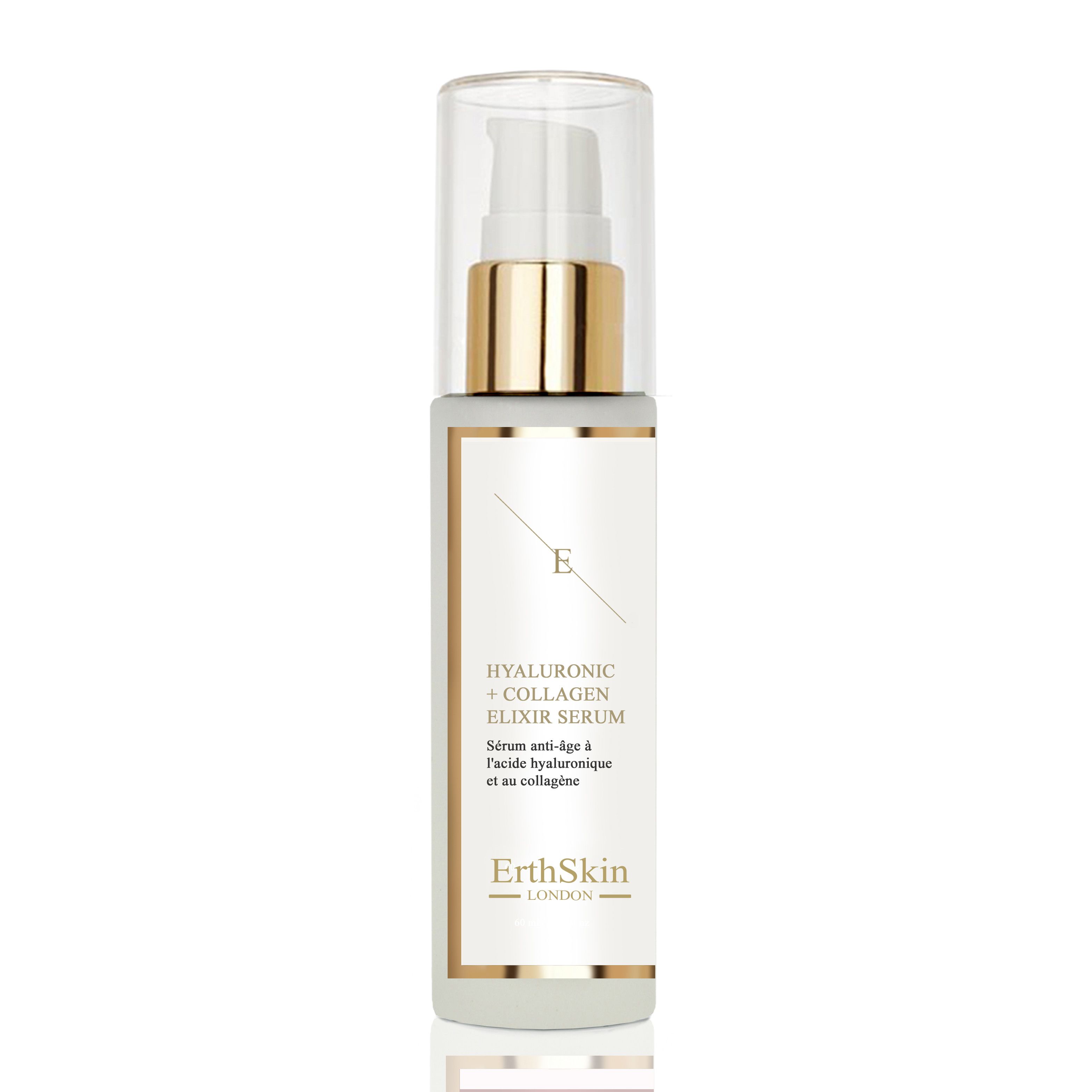 Siero bianco con tappo dorato. Sul siero: Hyaluronic Acid + Collagen Elixir Serum.