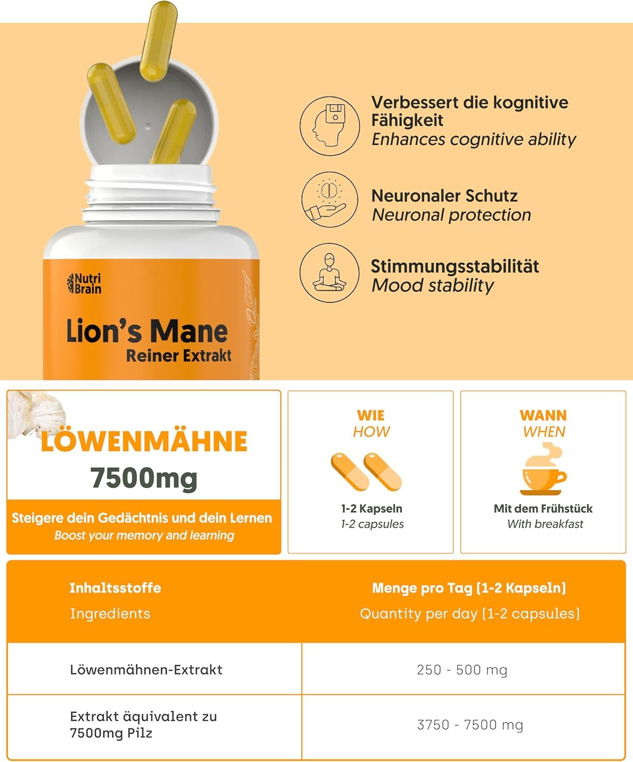 Flacone Nutri Brain Lion's Mane con capsule. Migliora capacità cognitiva, protezione neuronale, stabilità dell'umore.
