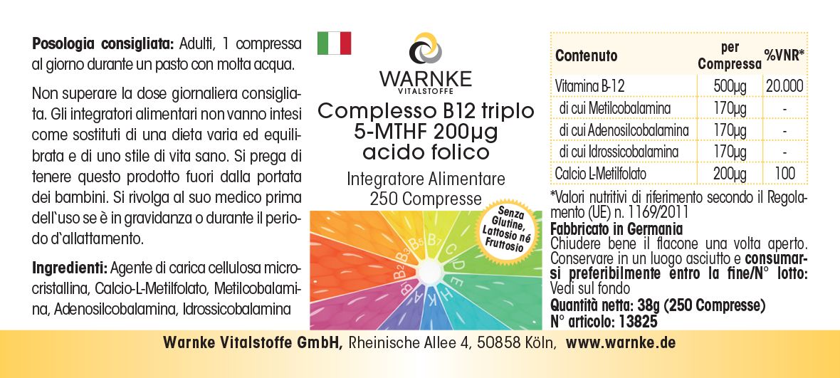 Etichetta con informazioni sul prodotto. Scritta: WARNKE Vitalstoffe, Complesso B12 triplo 5-MTHF 200µg acido folico. 250 compresse. Ingredienti e valori nutrizionali.