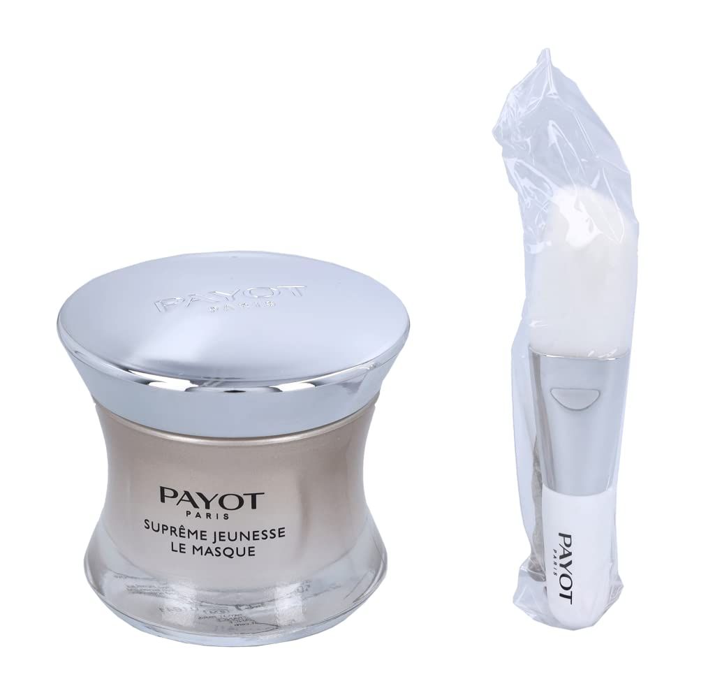 Vasetto di maschera con coperchio, pennello. Scritta PAYOT PARIS, Supreme Jeunesse Le Masque. Pennello con manico e setole.