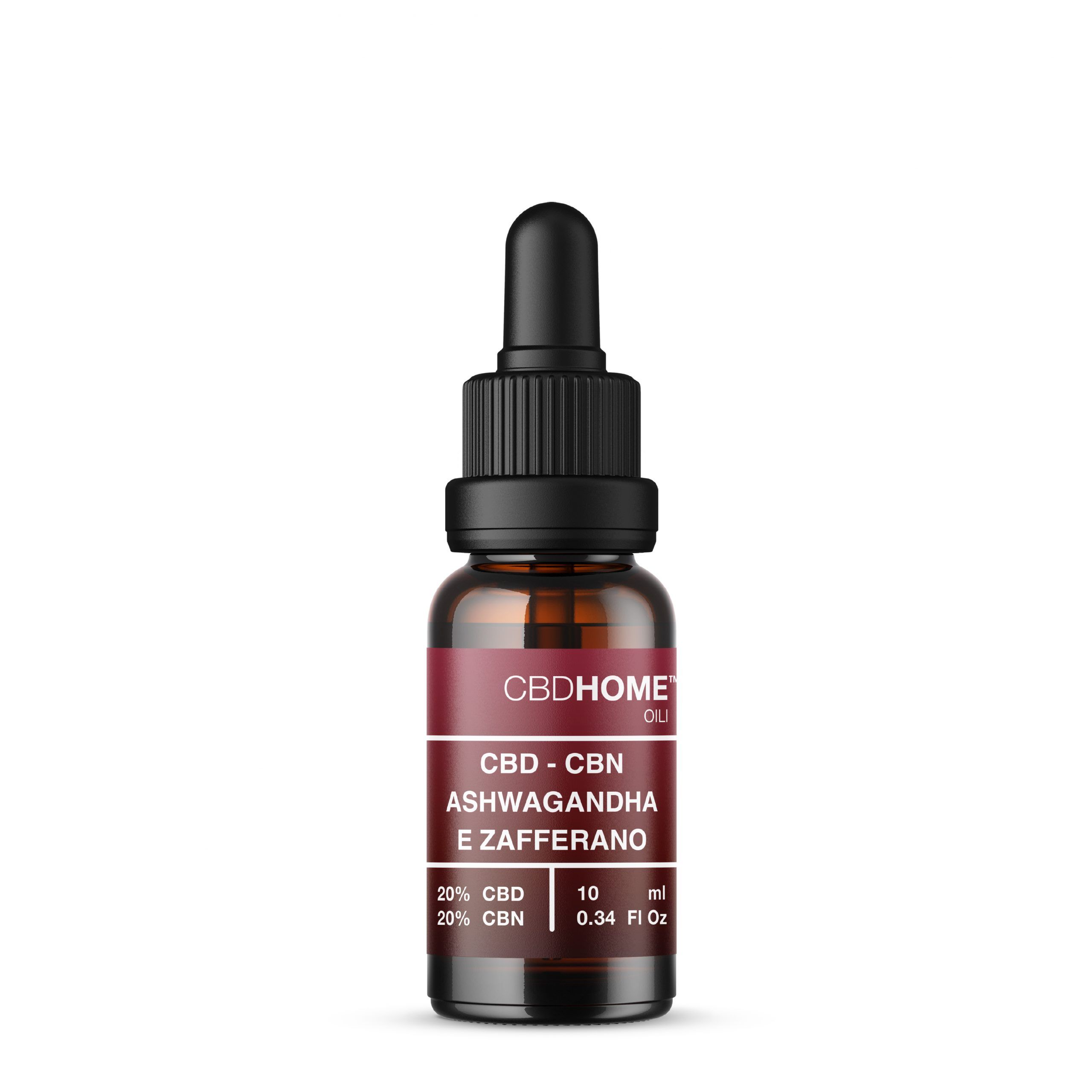 Flacone di olio CBD HOME con contagocce. L'etichetta mostra CBD-CBN Ashwagandha e Zafferano, 20% CBD, 20% CBN.
