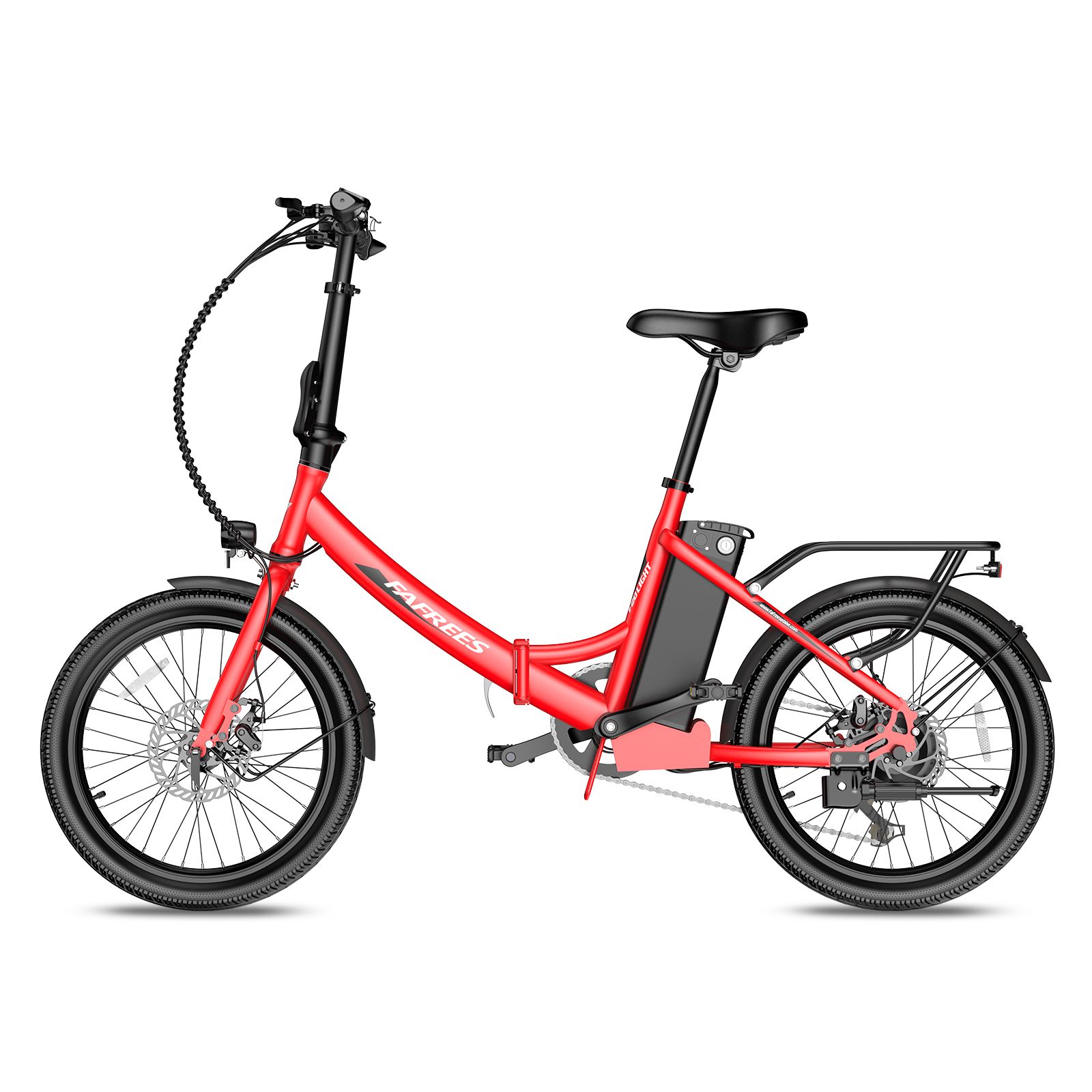 E-bike Fafrees F20Light rossa. Componenti neri, portapacchi, parafanghi. Vista laterale.