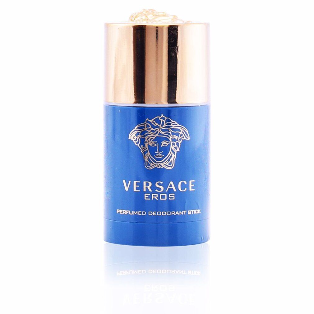 Stick deodorante blu con tappo dorato. Scritta: VERSACE EROS PERFUMED DEODORANT STICK. Logo Medusa dorato.