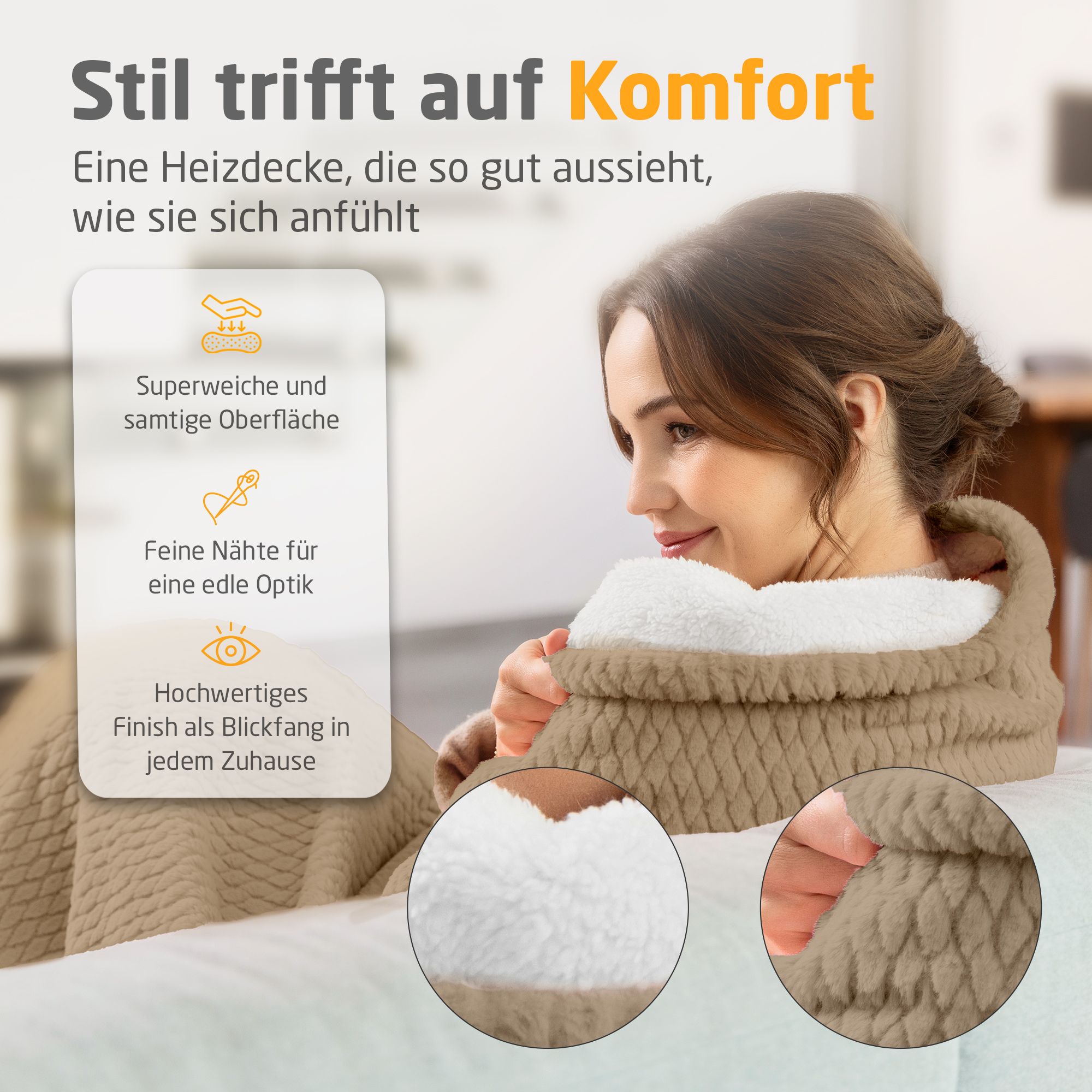 Donna sul divano con coperta termica. Coperta beige, interno bianco. Primi piani: superficie, cuciture. Testo: Superficie ultra-morbida.