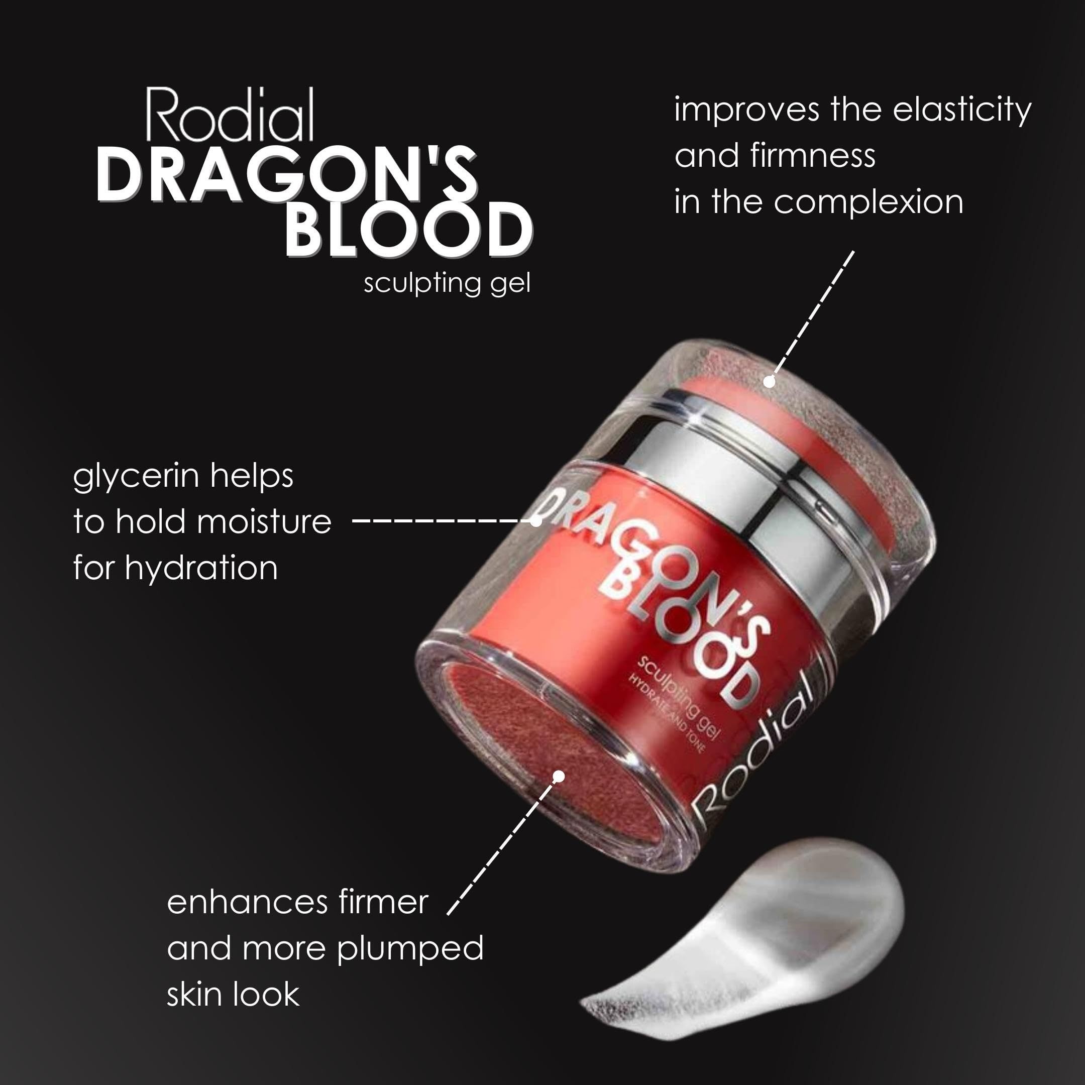 Prodotto con testo e frecce. Testo: Rodial DRAGON'S BLOOD sculpting gel. Goccia di gel. Sfondo nero.