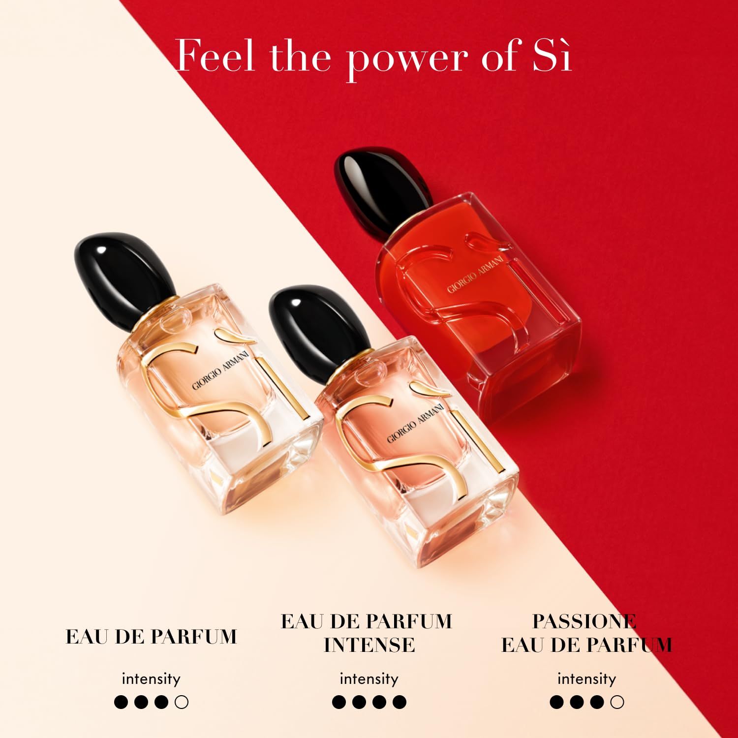 Flaconi Giorgio Armani Si Eau de Parfum Intense. Diverse fragranze. Tappi neri. Lettere dorate.