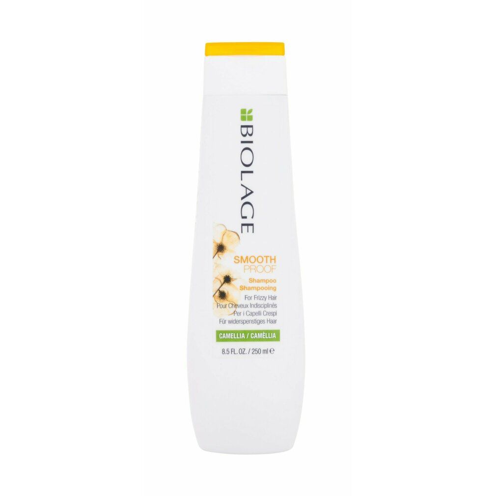 Shampoo bianco con tappo giallo. Scritta Biolage, SmoothProof, per capelli ribelli. 250 ml.