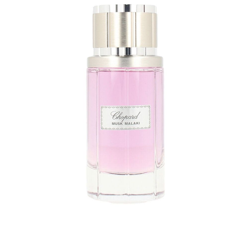 Flacone rosa con tappo argentato. Scritta Chopard Moschus Malaki.