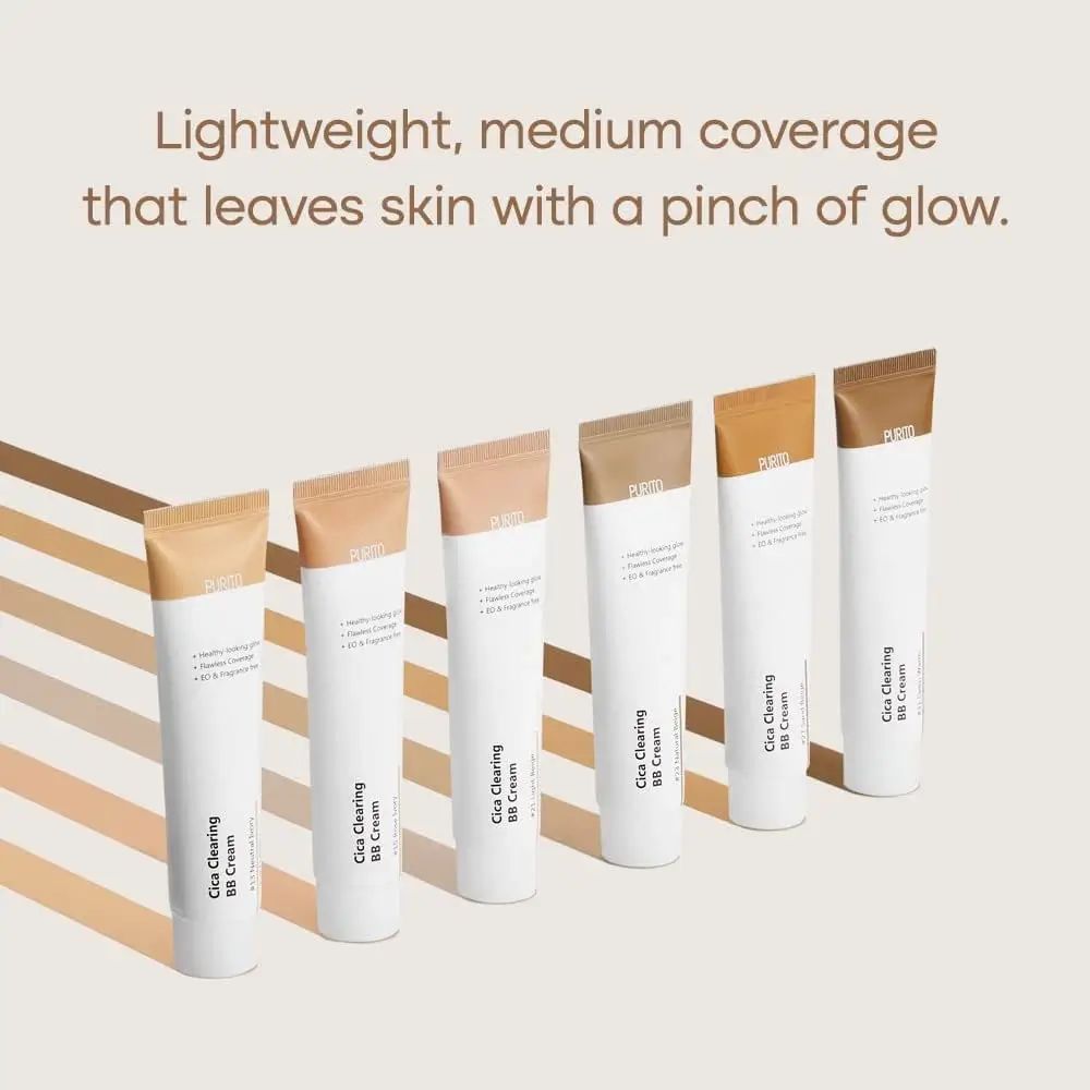 Fila di tubi di crema. Contiene BB Cream. Diverse tonalità. Testo: Lightweight, medium coverage.