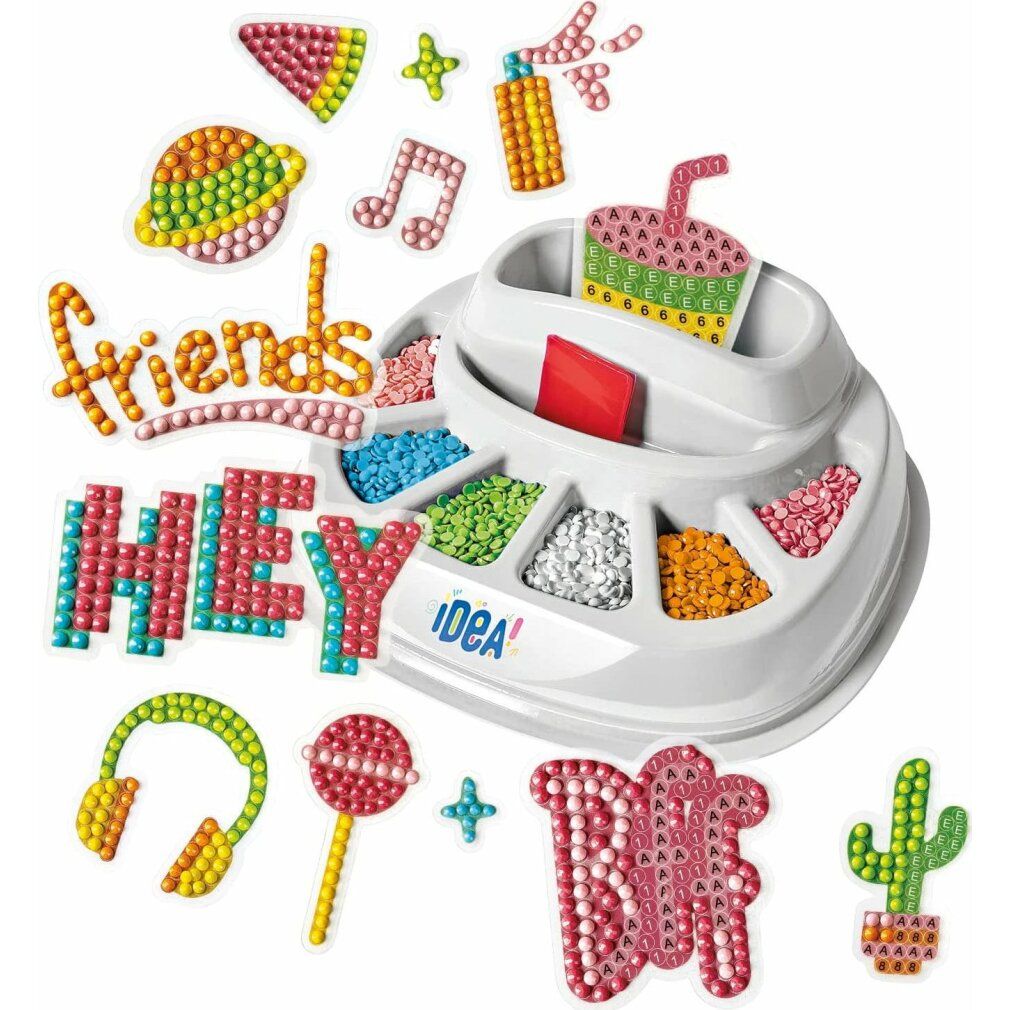 Elementi per Clementoni Sparkly Creations. Forme, lettere e simboli con pietre colorate. Vassoio bianco con scomparti.