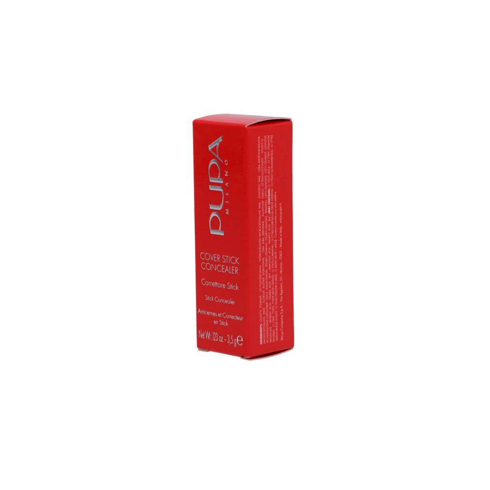 Confezione rossa con testo bianco. Visibili "pupa milano" e "COVER STICK CONCEALER". Testo sul lato.