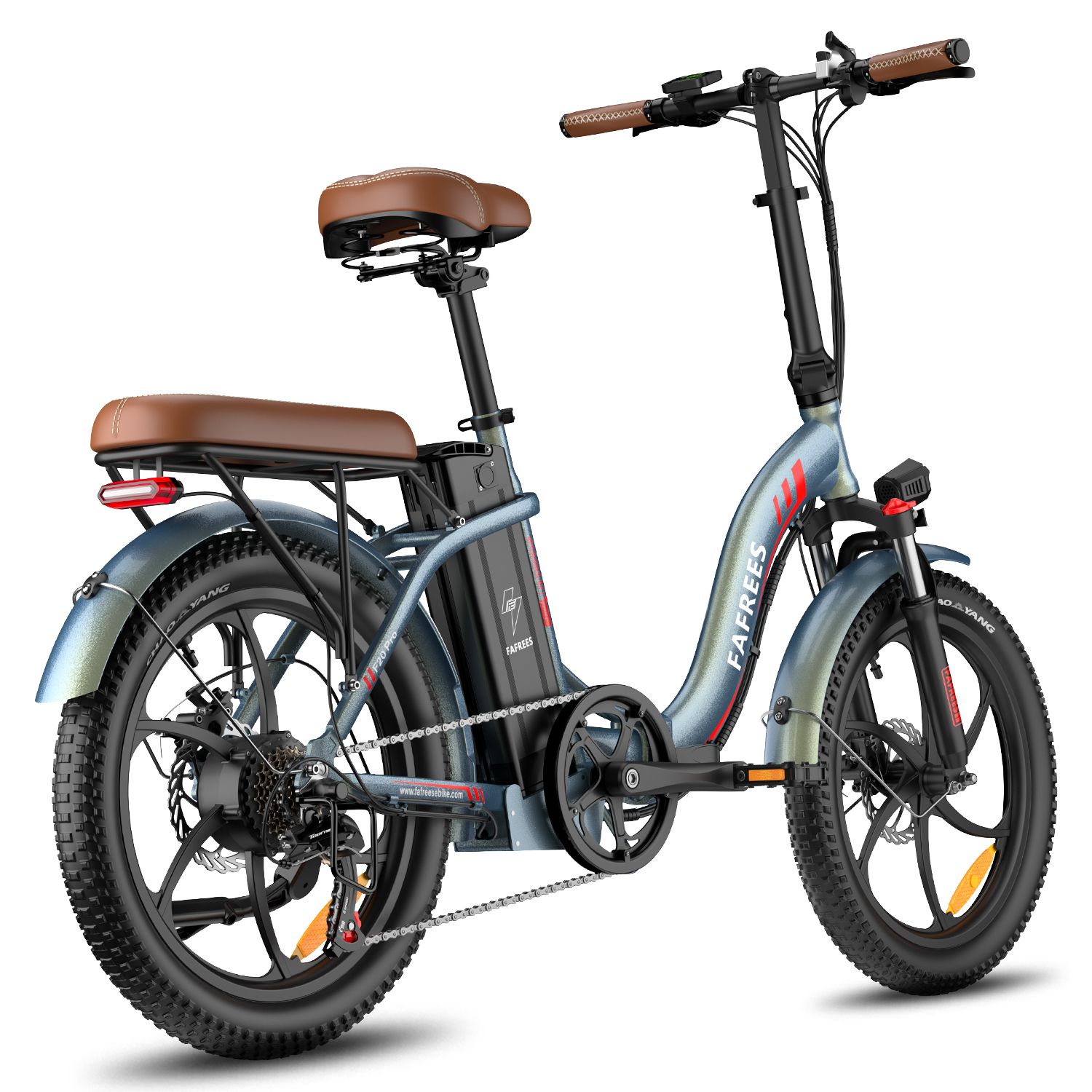 E-bike pieghevole FAFREES. Telaio blu-grigio, sella marrone. Batteria sul telaio. Pneumatici larghi.
