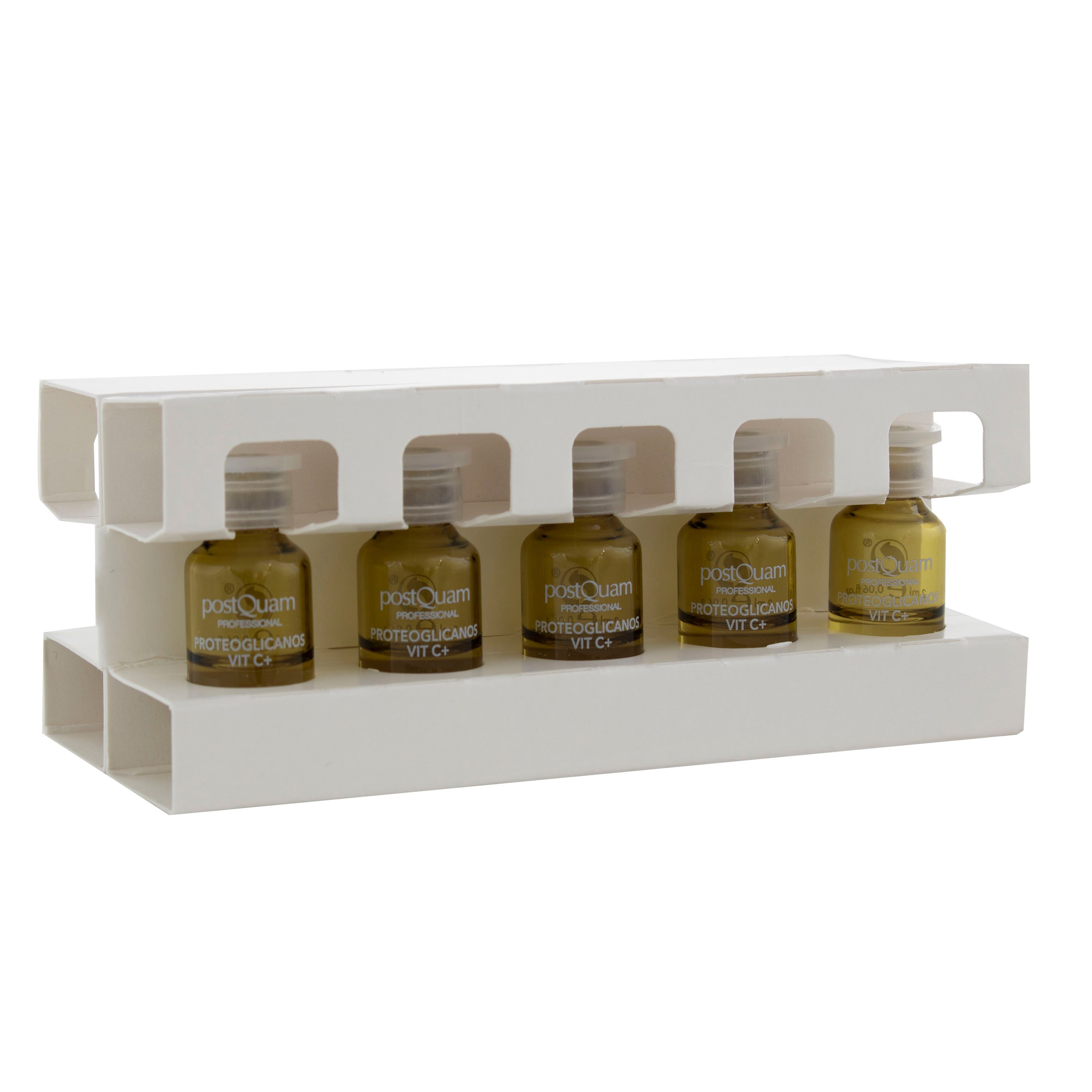 Cinque fiale in un supporto. Scritta: Proteoglicanos Vit C+.