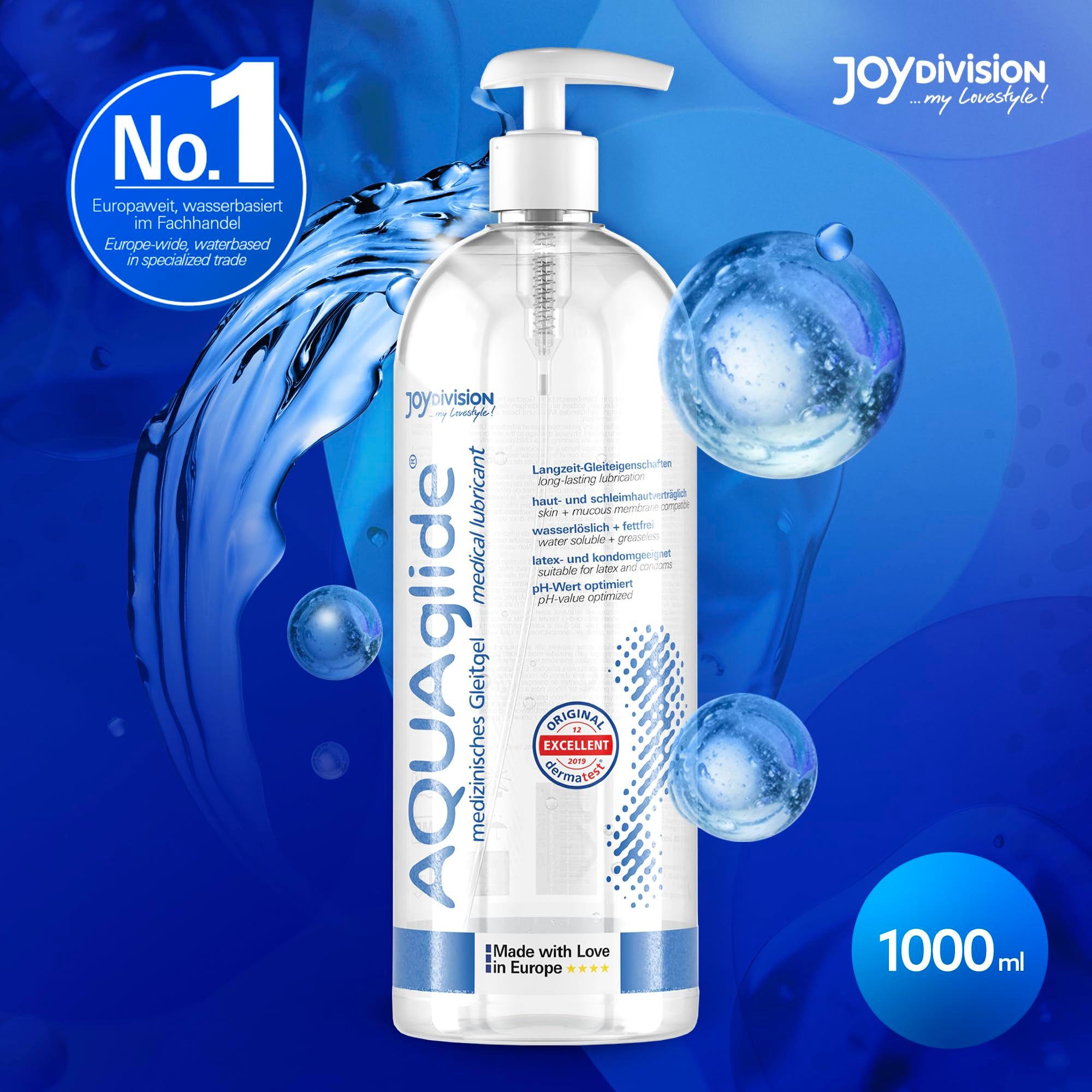 Flacone di gel lubrificante AQUAGLIDE con dispenser a pompa, 1000ml, con effetti d'acqua.