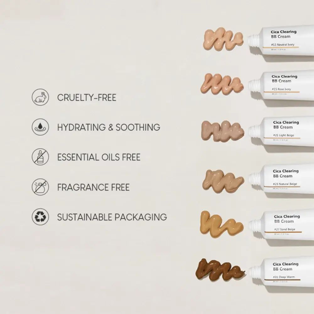 Testo e campioni di colore. Contiene BB Cream. Testo: Cruelty-free, hydrating & soothing, essential oils free.