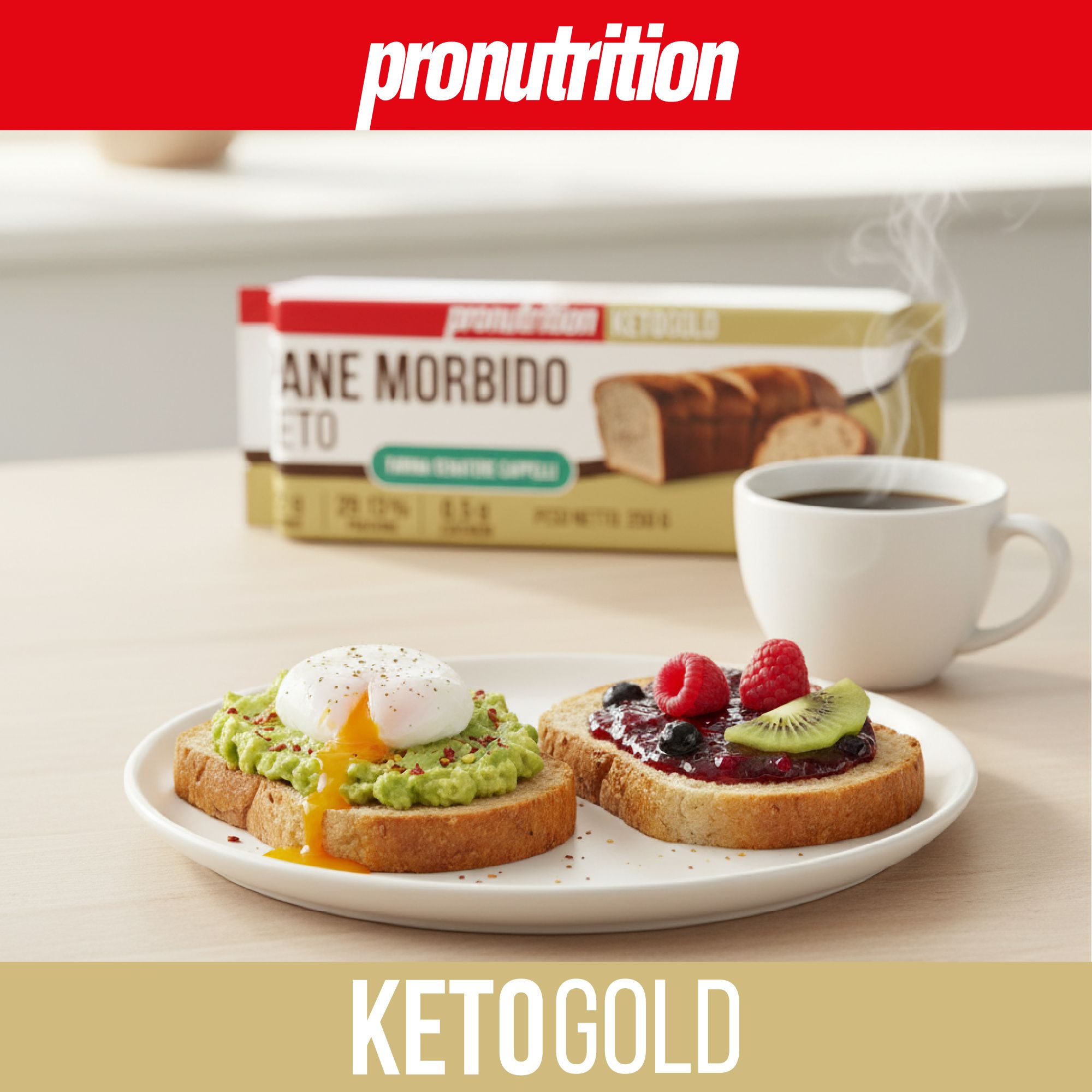 Pane Keto tostato con avocado e uovo in camicia, toast con marmellata di frutti di bosco e kiwi. Confezione di pane e caffè.