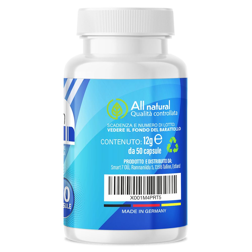 Retro di un flacone bianco con etichetta blu. Scritta: 50 capsule, 12g. All natural. Prodotto in Germania.