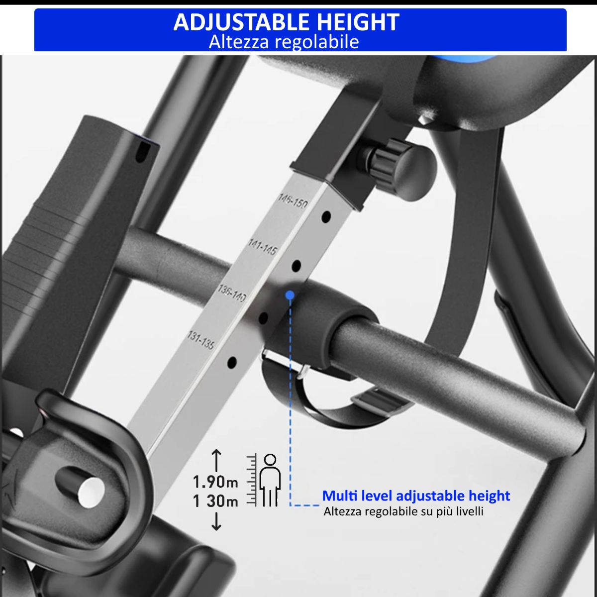 Primo piano della funzione regolabile in altezza della panca ad inversione. Barra metallica con segni e vite.
